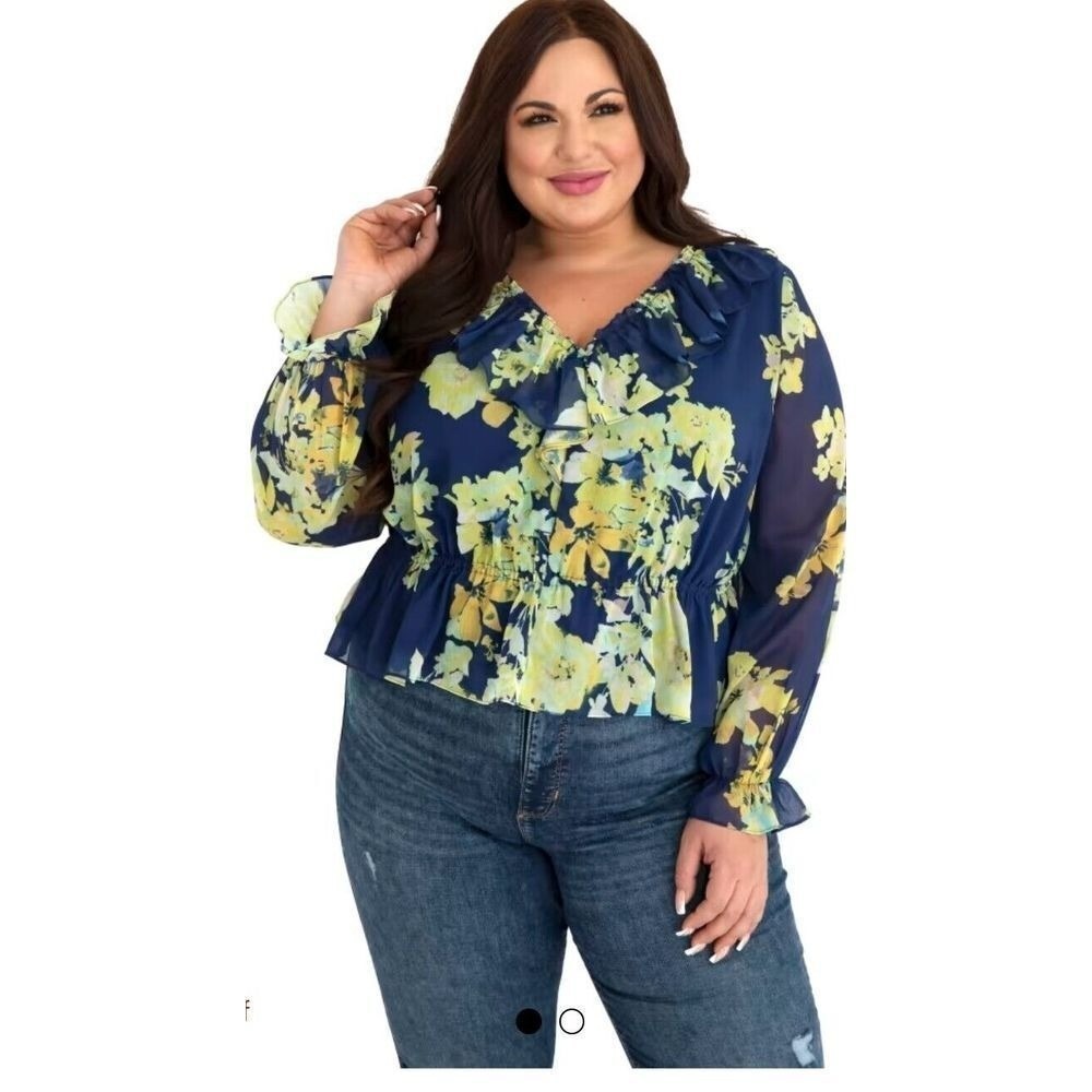 Maree Pour Toi Woman's Nordstrom Ruffle V-neck Peplum Navy Blouse Size 18 $98
